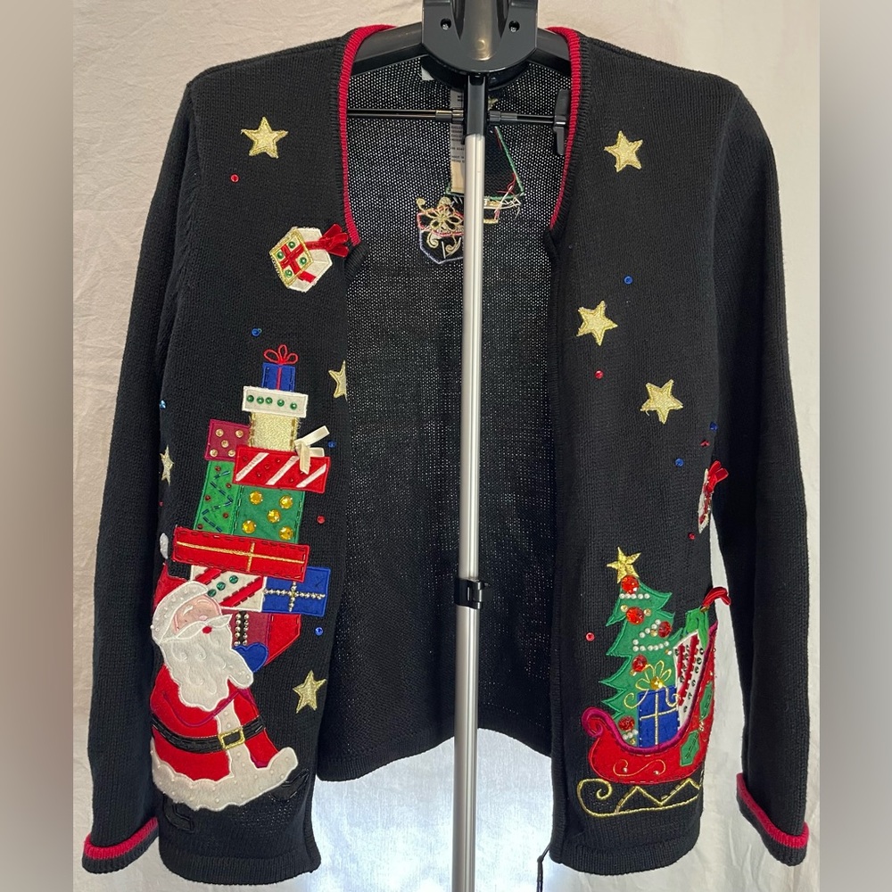 VTG Tiara Int'l M Black Ugly Christmas Sweater Zipper Cardigan Santa Embroidered - Picture 9 of 11